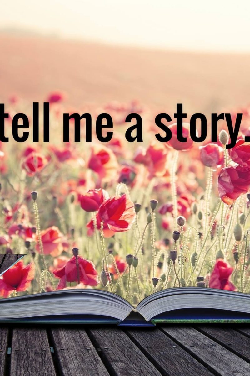 Tell Me A Story words over a poppy field|Inspire Me light up words