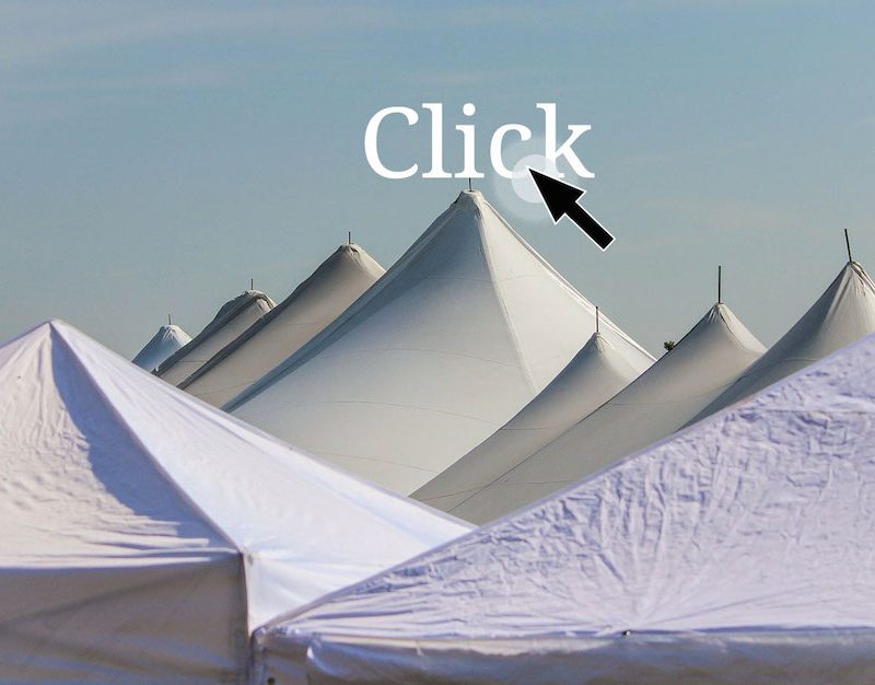 Cursor with the word click at the peak of a tent