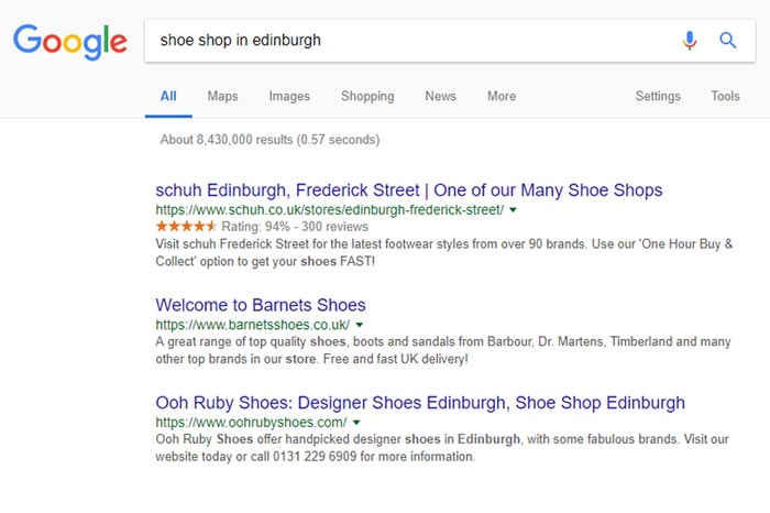 Google search results for shoe shops in edinburgh