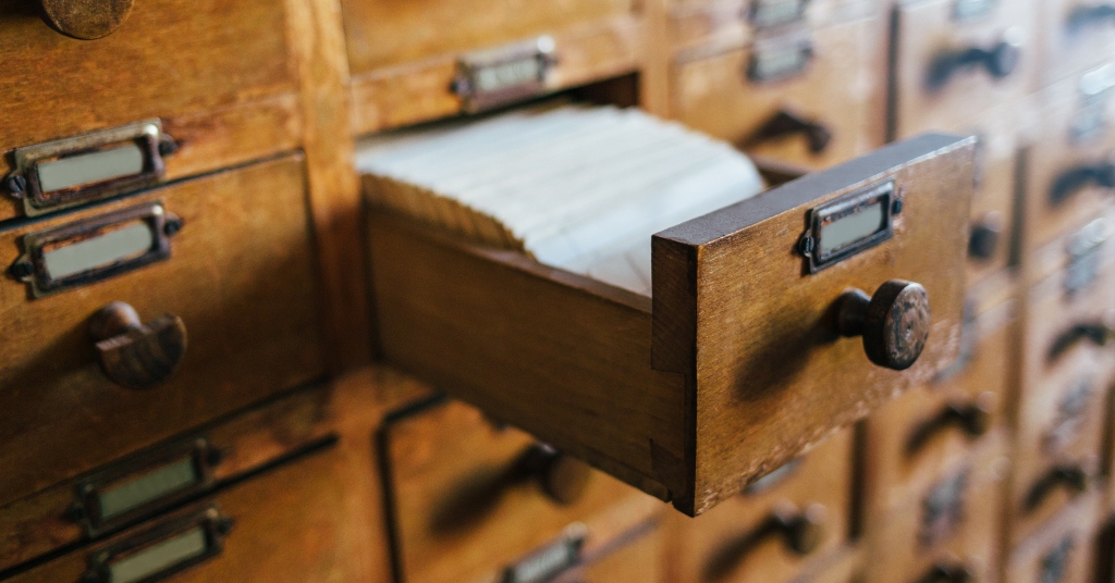 Library index cards in drawer