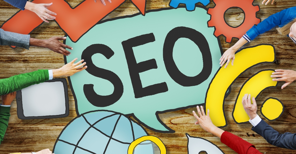 Brightly coloured SEO with components surrounding