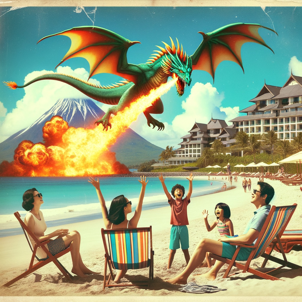 A photo of a luxury hotel resort, a family are playing happily in the sand. overhead, a large green dragon breathes fire at a distant volcano.