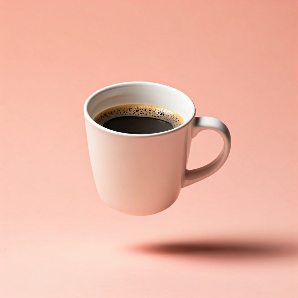 A floating white cup of black coffee on a peach/pink background.
